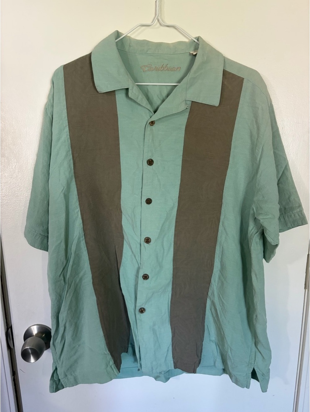 Men’s Caribbean Large Mint Green & Gray Panel Short-Sleeve Button-Down Shirt